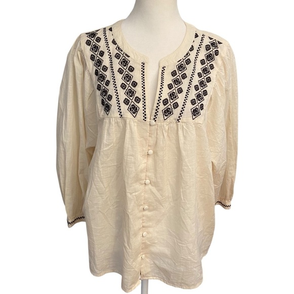 Wonderly Women's Embroidered Button Down Peasant Blouse Size XLP Cream Boho Boxy - Picture 3 of 10